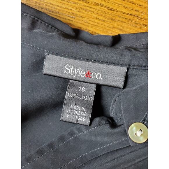 Style & Co Womens 16 Long Sleeve‎ Black Satin Top Button Up Tunic XL Career - Picture 3 of 8